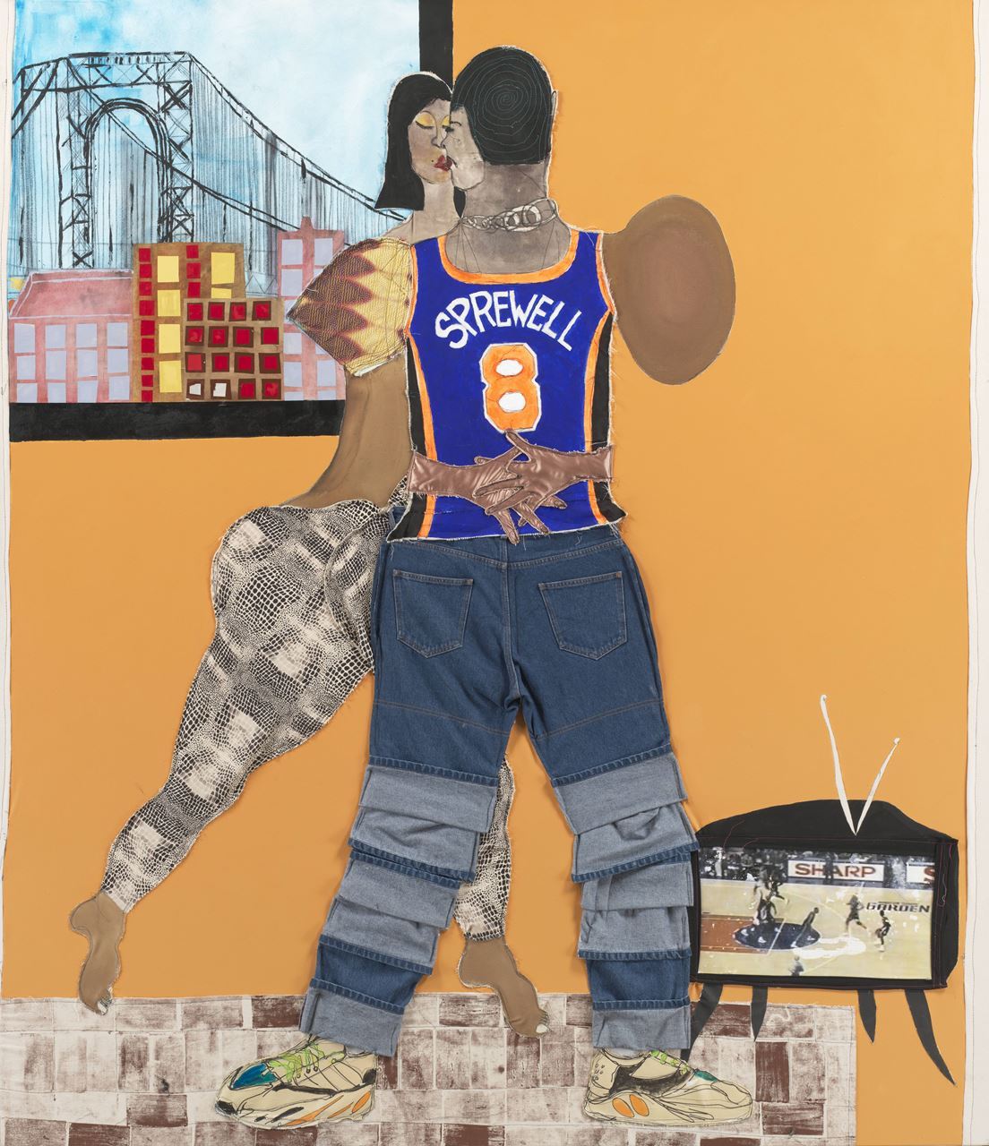 Tschabalala Self, Sprewell, 2020, fabric, thread, painted canvas, silk, jeans, painted newsprint, stamp, photographic transfer on paper, and acrylic on canvas, Solomon R. Guggenheim Museum, New York, gift, image courtesy of the artist; Pilar Corrias, London; and Galerie Eva Presenhuber, Zurich. ©Tschabalala Self